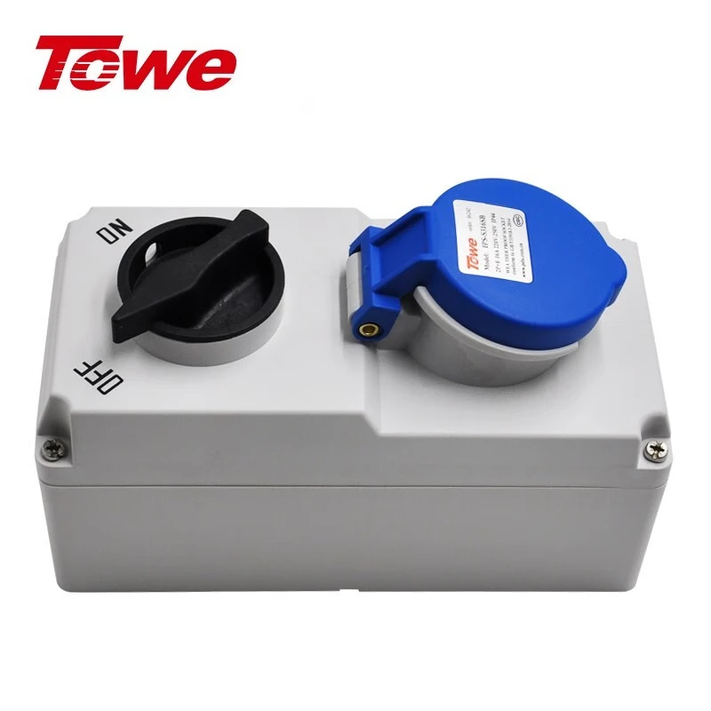 输出一路2P+E三芯16A工业防水插座， 220V-250V IP44 CEE/IEC插座带开关，带机械联锁，蓝灰