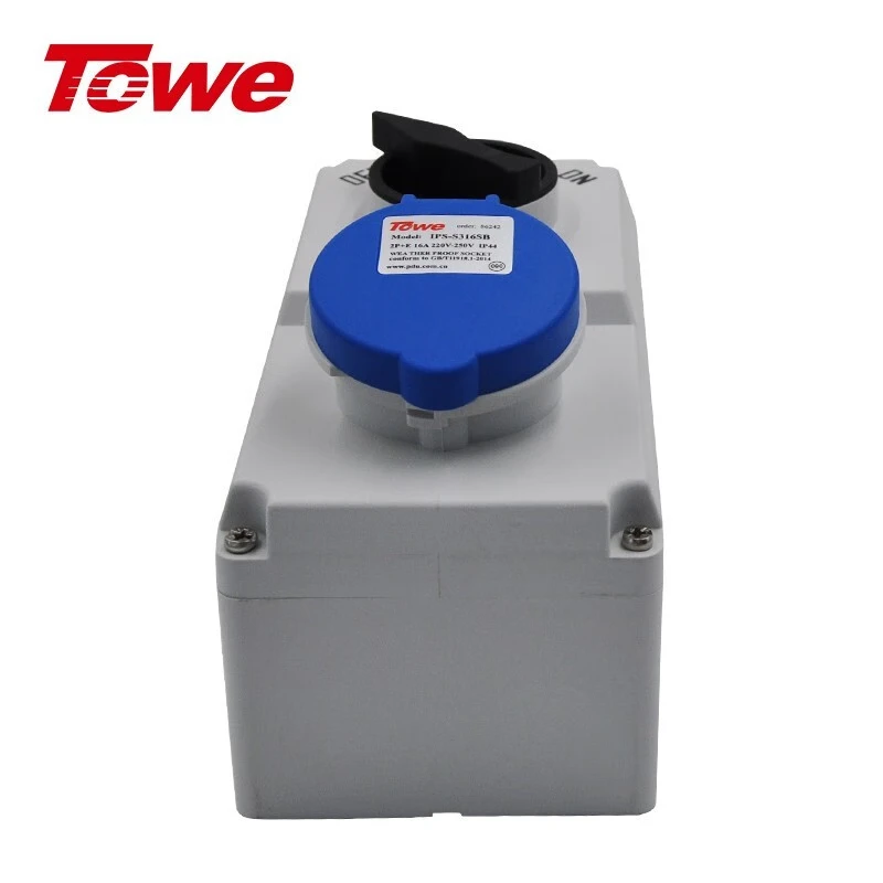 输出一路2P+E三芯16A工业防水插座， 220V-250V IP44 CEE/IEC插座带开关，带机械联锁，蓝灰