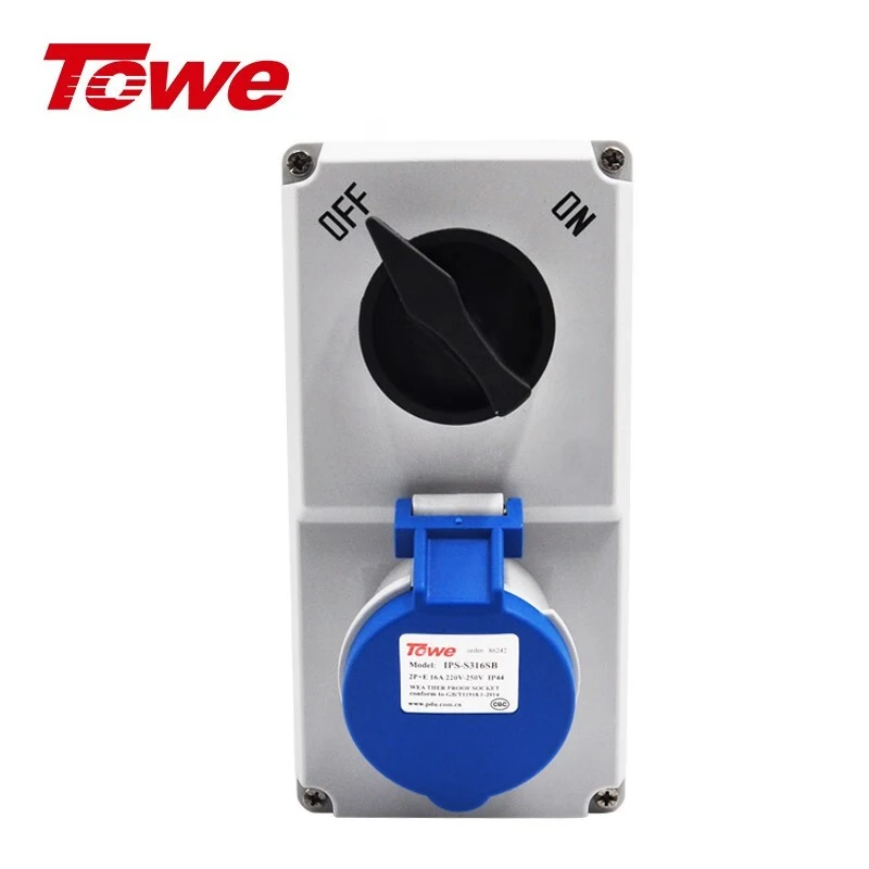输出一路2P+E三芯16A工业防水插座， 220V-250V IP44 CEE/IEC插座带开关，带机械联锁，蓝灰